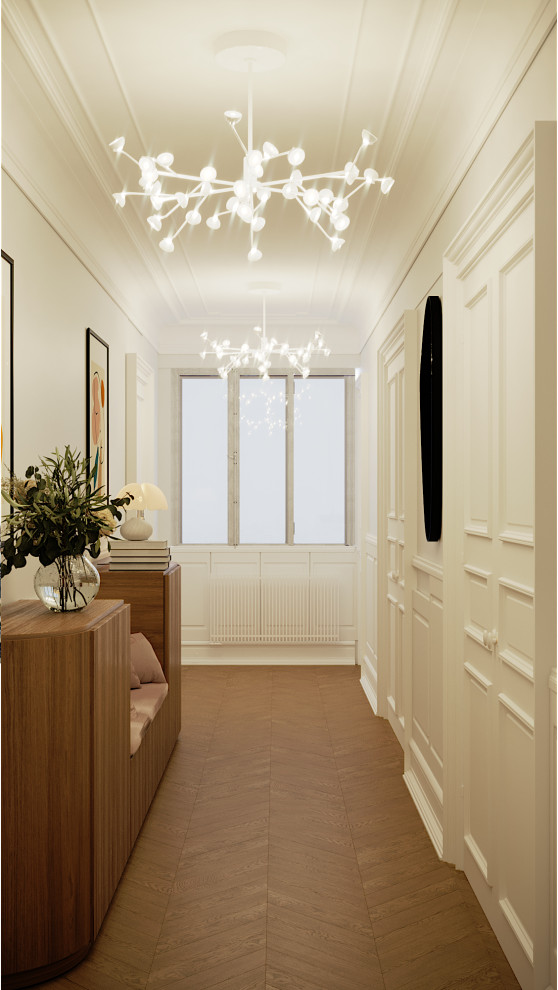 パリにあるラグジュアリーな広いトランジショナルスタイルのおしゃれな玄関ロビー (白い壁、淡色無垢フローリング、白いドア、ベージュの床、折り上げ天井、羽目板の壁) の写真