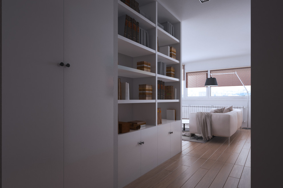 Diseño de hall minimalista grande con puerta doble, puerta blanca y madera