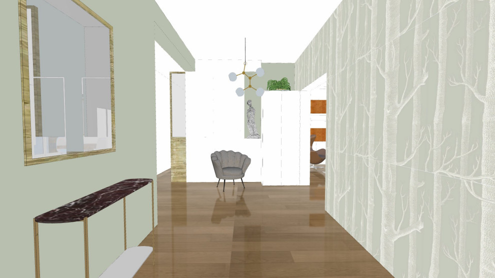 ボルドーにある低価格の広いトランジショナルスタイルのおしゃれな玄関ロビー (緑の壁、淡色無垢フローリング、白いドア、ベージュの床) の写真