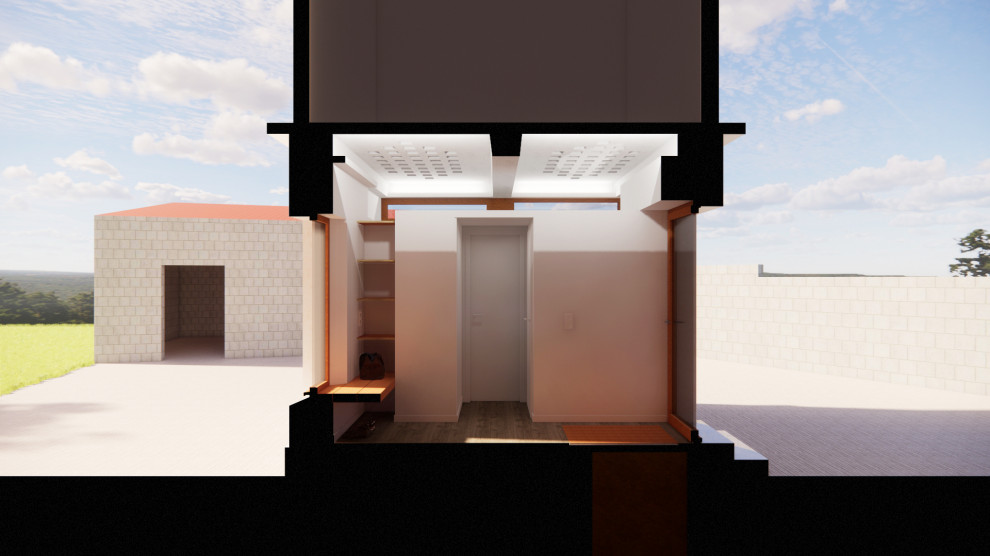 На фото: маленький вестибюль с белыми стенами, одностворчатой входной дверью, входной дверью из светлого дерева, серым полом, кессонным потолком и панелями на стенах для на участке и в саду с