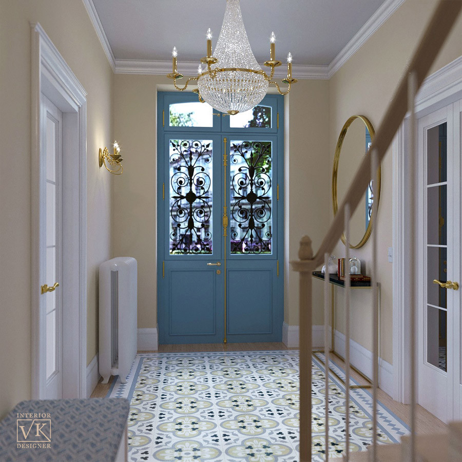 Aménagement d'une porte d'entrée contemporaine de taille moyenne avec un mur beige, un sol en carrelage de céramique, une porte simple, une porte bleue et un sol marron.