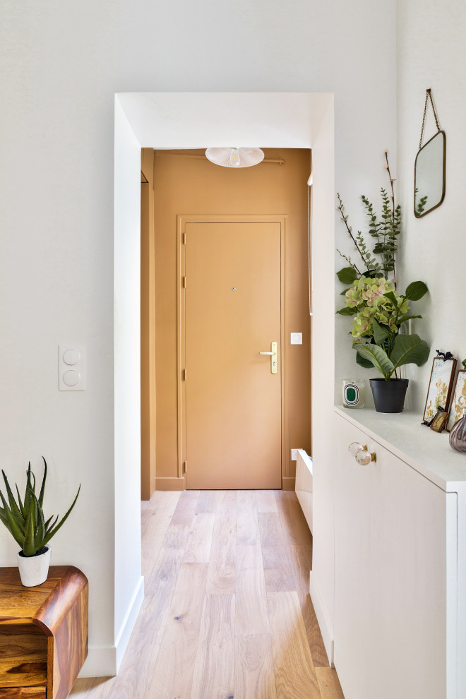Идея дизайна: входная дверь среднего размера в скандинавском стиле с коричневыми стенами, светлым паркетным полом, одностворчатой входной дверью и коричневой входной дверью
