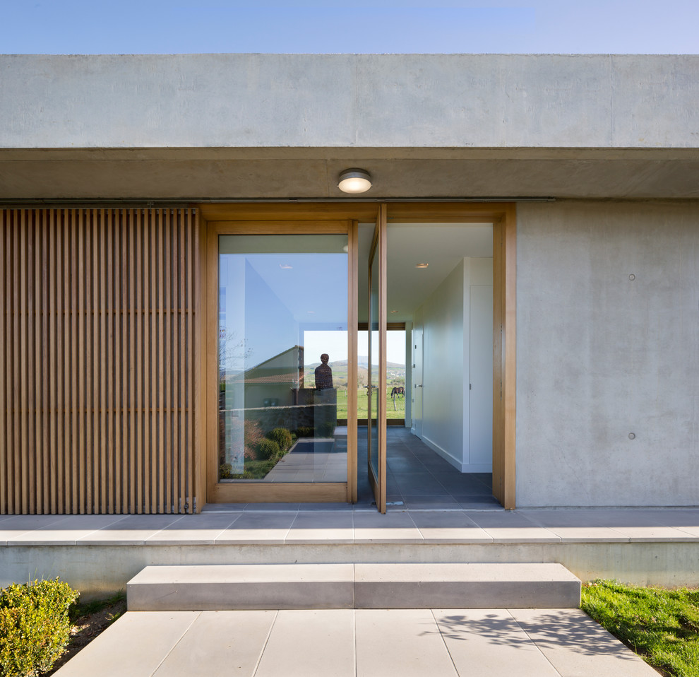 Идея дизайна: входная дверь среднего размера в современном стиле с полом из керамической плитки, двустворчатой входной дверью и стеклянной входной дверью
