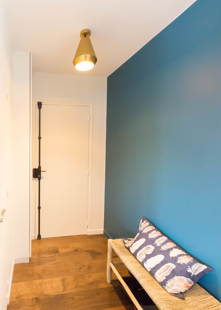 Mittelgroße Moderne Haustür mit bunten Wänden, Einzeltür, weißer Haustür, braunem Holzboden und braunem Boden in Paris