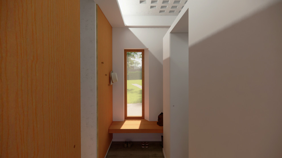 Свежая идея для дизайна: маленький вестибюль с белыми стенами, одностворчатой входной дверью, входной дверью из светлого дерева, серым полом, кессонным потолком и панелями на стенах для на участке и в саду - отличное фото интерьера