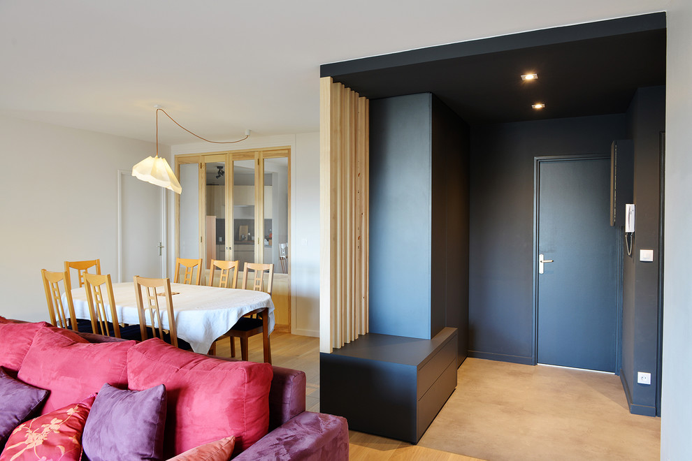 Mittelgroßes Modernes Foyer mit grauer Wandfarbe, Linoleum, Einzeltür, heller Holzhaustür und grauem Boden in Lyon