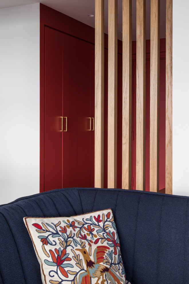 他の地域にあるお手頃価格の中くらいなコンテンポラリースタイルのおしゃれな玄関ロビー (赤い壁、淡色無垢フローリング、赤いドア) の写真