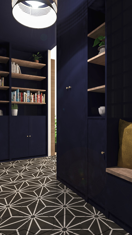 Idee per un corridoio industriale di medie dimensioni con pareti blu, pavimento con piastrelle in ceramica, una porta singola e pavimento nero