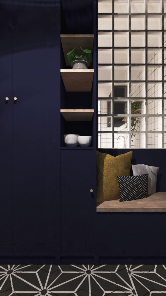Свежая идея для дизайна: узкая прихожая среднего размера в стиле лофт с синими стенами, полом из керамической плитки, одностворчатой входной дверью и черным полом - отличное фото интерьера