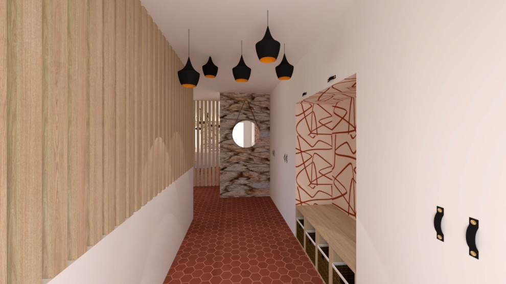Diseño de hall actual grande con paredes blancas, suelo de baldosas de terracota, suelo rojo y papel pintado