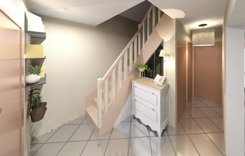 Inspiration pour un petit hall d'entrée minimaliste avec un mur blanc, un sol en carrelage de céramique, une porte simple et une porte en bois brun.