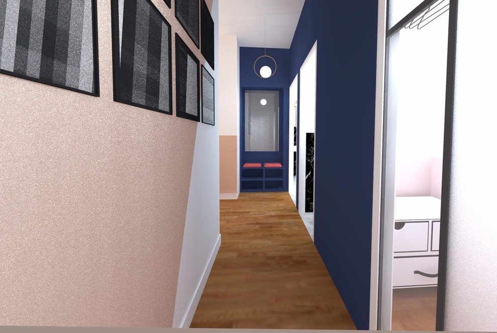 Inspiration för mellanstora moderna hallar, med rosa väggar, ljust trägolv, en enkeldörr och en vit dörr