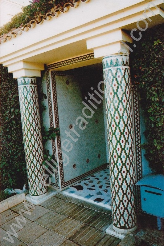 Mid-sized elegant terra-cotta tile and beige floor entryway photo in Other with multicolored walls