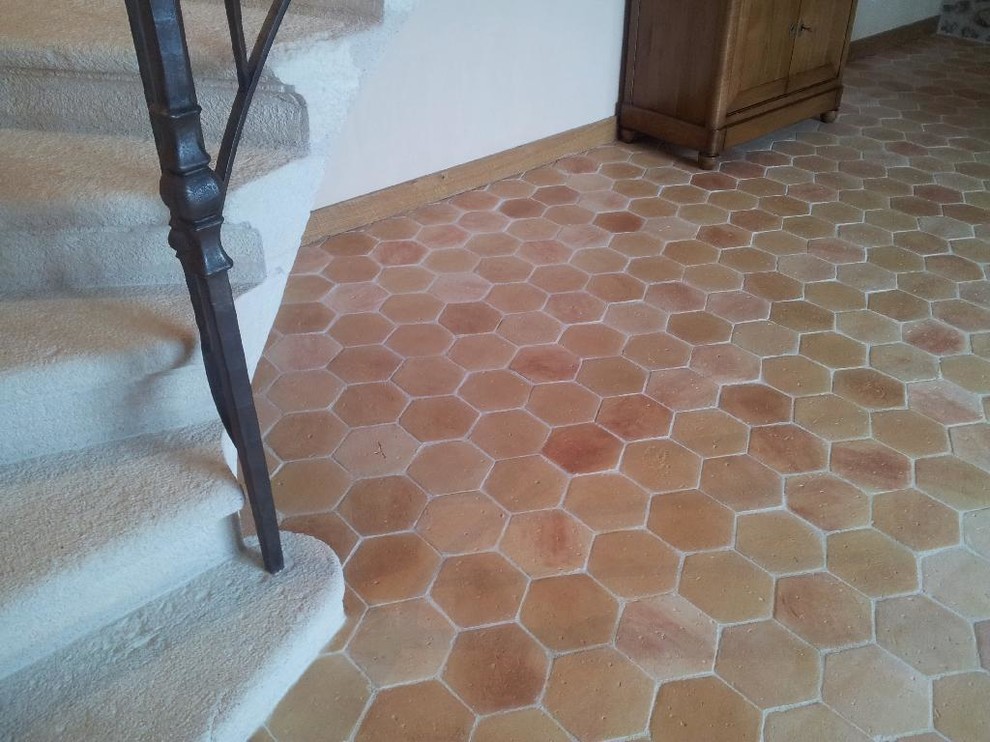 Design ideas for a traditional entrance in Lyon with terracotta flooring and red floors.