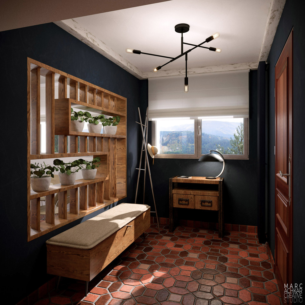 Foto de distribuidor de estilo de casa de campo pequeño con paredes azules, suelo de baldosas de terracota, suelo rojo, puerta simple y puerta de madera clara