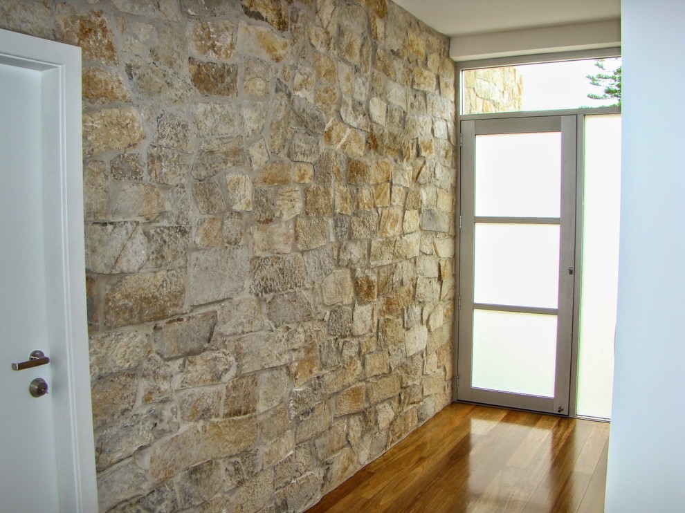 Esempio di un ingresso o corridoio minimal con parquet scuro, una porta singola e una porta in vetro