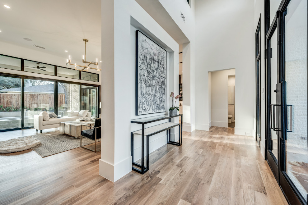 Example of a mid-sized minimalist light wood floor and white floor entryway design in Dallas with white walls and a black front door