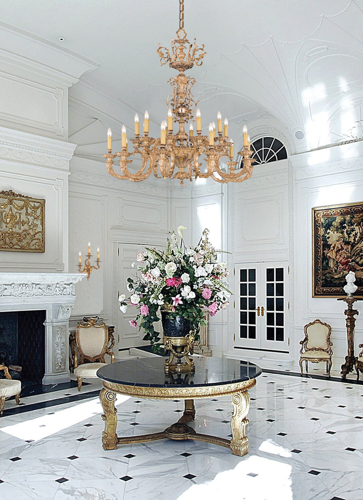 Example of a huge classic marble floor entryway design in New York with white walls