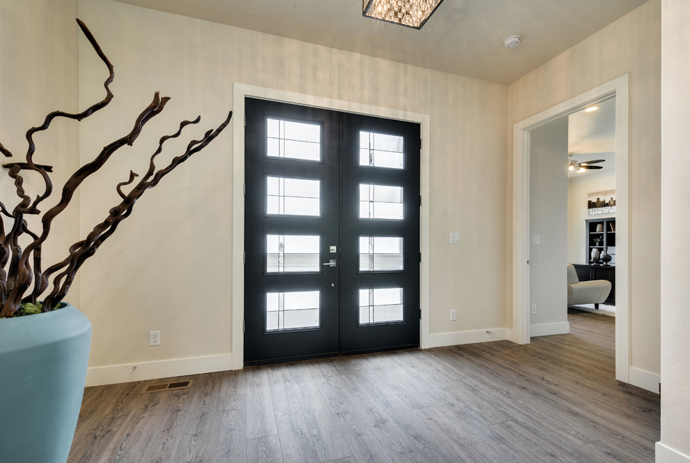Diseño de puerta principal moderna de tamaño medio con paredes blancas, suelo de madera clara, puerta doble, puerta negra y suelo multicolor