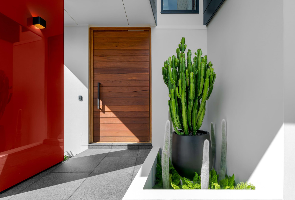 Große Moderne Haustür mit weißer Wandfarbe, Einzeltür, hellbrauner Holzhaustür und grauem Boden in Sydney