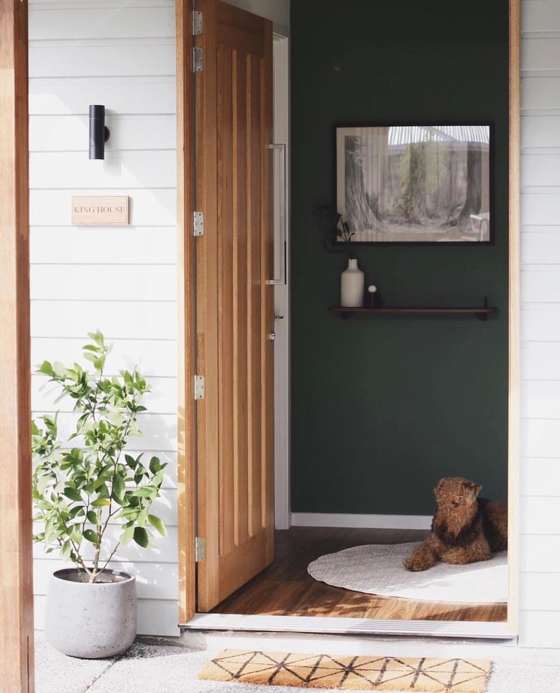 Ejemplo de puerta principal moderna grande con paredes verdes, suelo vinílico, puerta simple, puerta de madera en tonos medios y suelo marrón