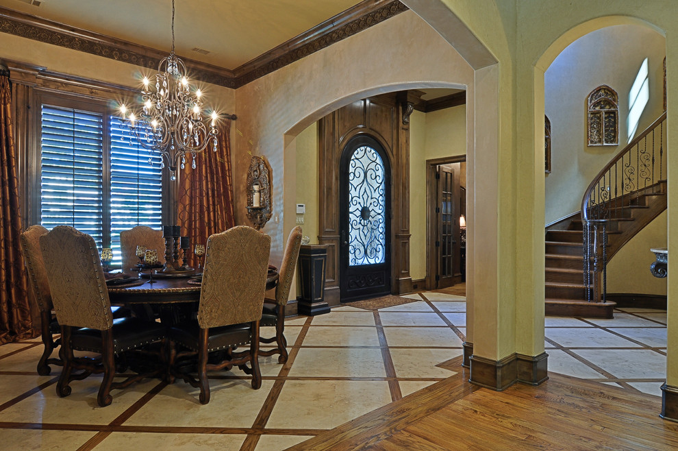 Mid-sized elegant marble floor entryway photo in Dallas with beige walls and a dark wood front door