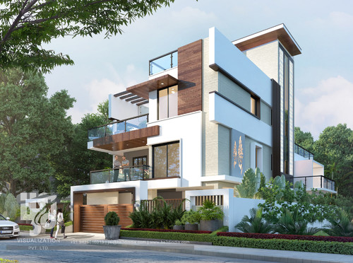 Home elevation with wood facade