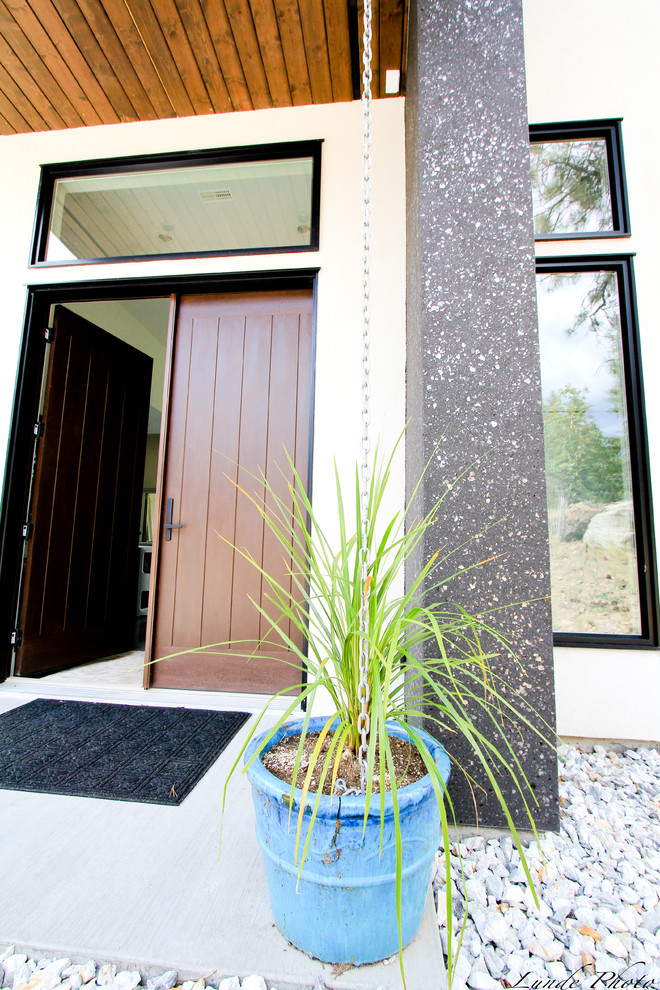 Modelo de puerta principal moderna de tamaño medio con paredes blancas, suelo de cemento, puerta doble, puerta de madera oscura y suelo gris