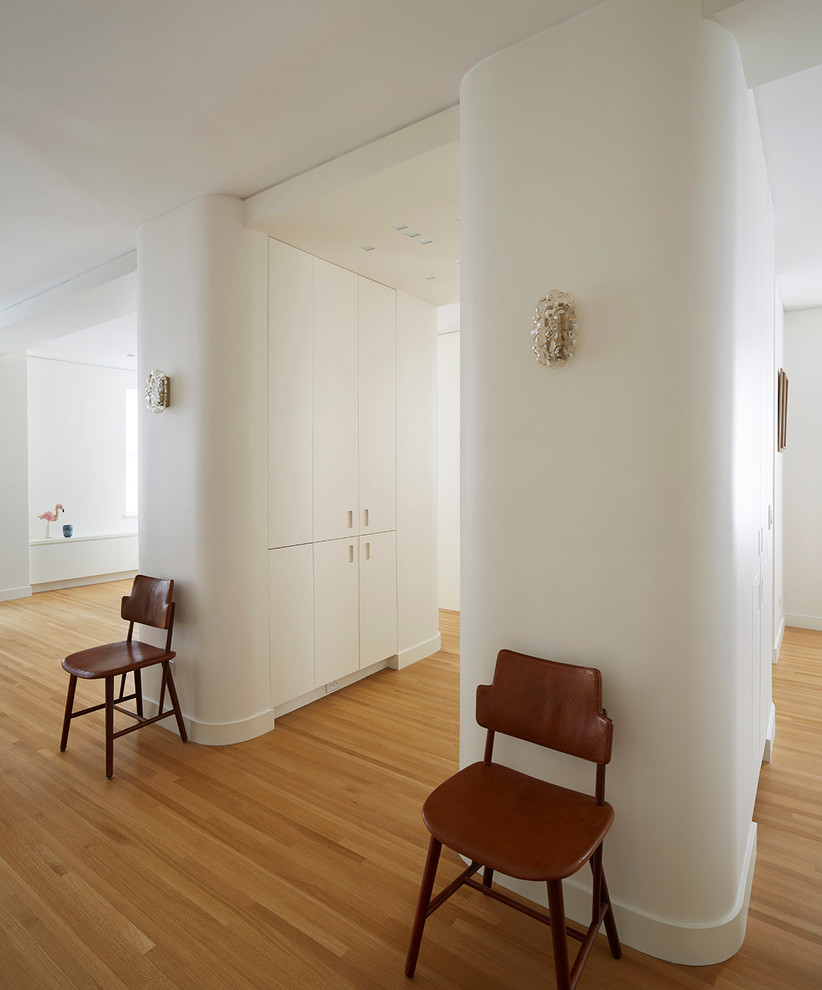 На фото: входная дверь среднего размера в стиле модернизм с белыми стенами, светлым паркетным полом, одностворчатой входной дверью и серой входной дверью с