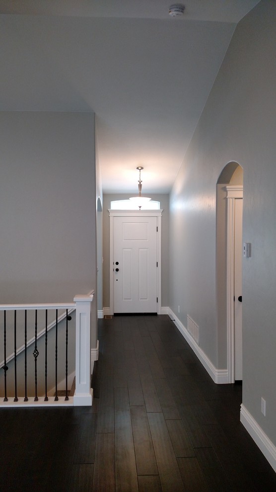 Kleines Modernes Foyer mit grauer Wandfarbe, dunklem Holzboden, Einzeltür und weißer Haustür in Sonstige