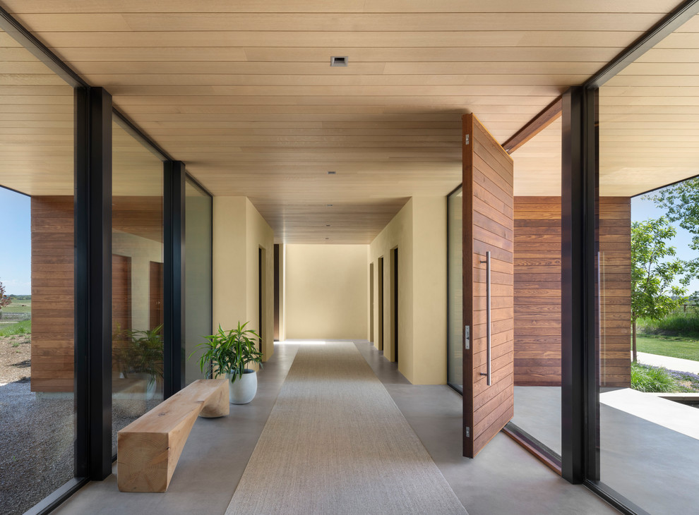 Modelo de hall actual con paredes beige, suelo de cemento, suelo gris, puerta pivotante y puerta de madera en tonos medios