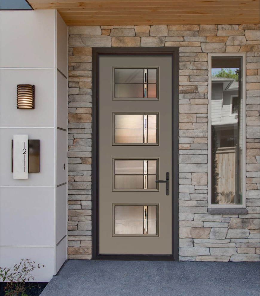 Idéer för att renovera en funkis ingång och ytterdörr, med en enkeldörr och en grå dörr