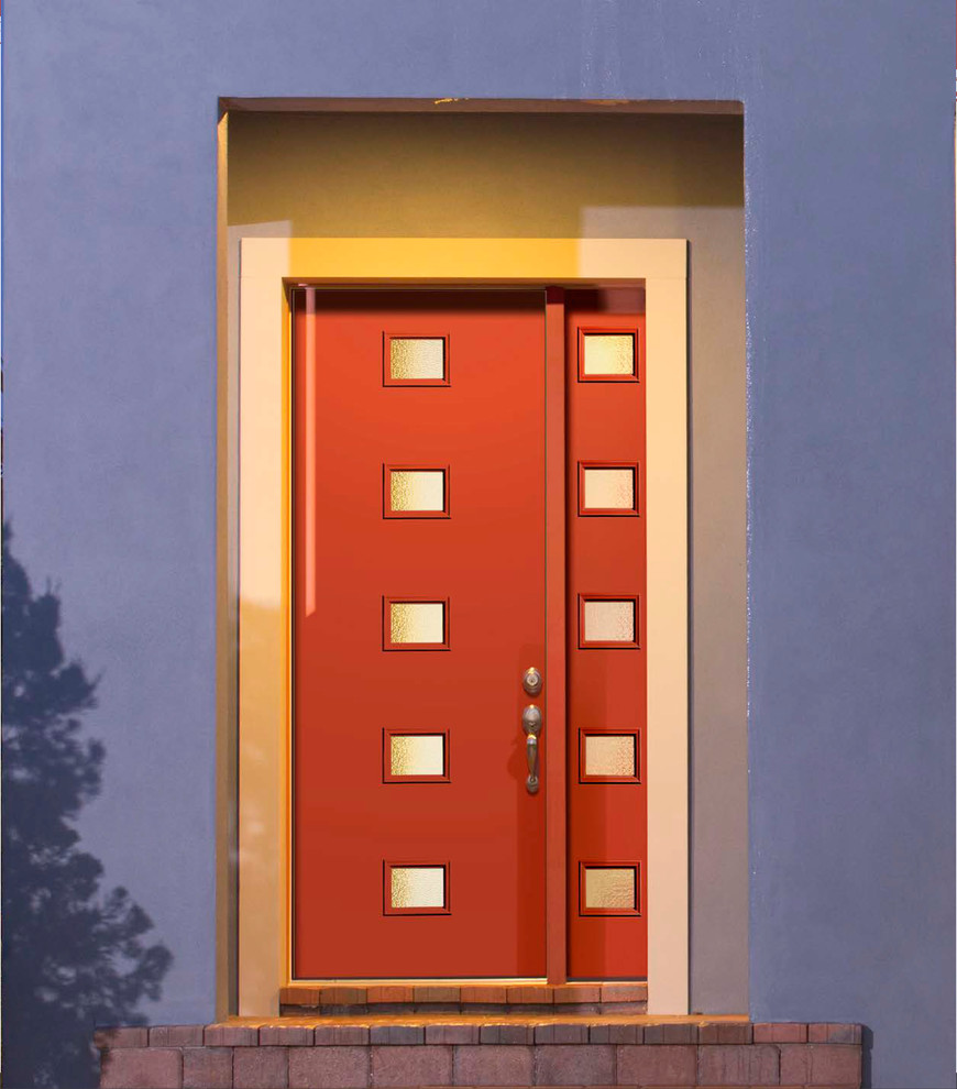 他の地域にあるコンテンポラリースタイルのおしゃれな玄関ドア (赤いドア) の写真