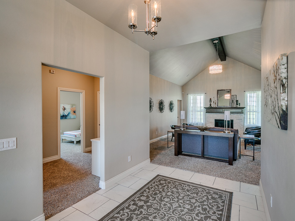 Large classic foyer in Oklahoma City with beige walls, ceramic flooring, a double front door and a white front door.