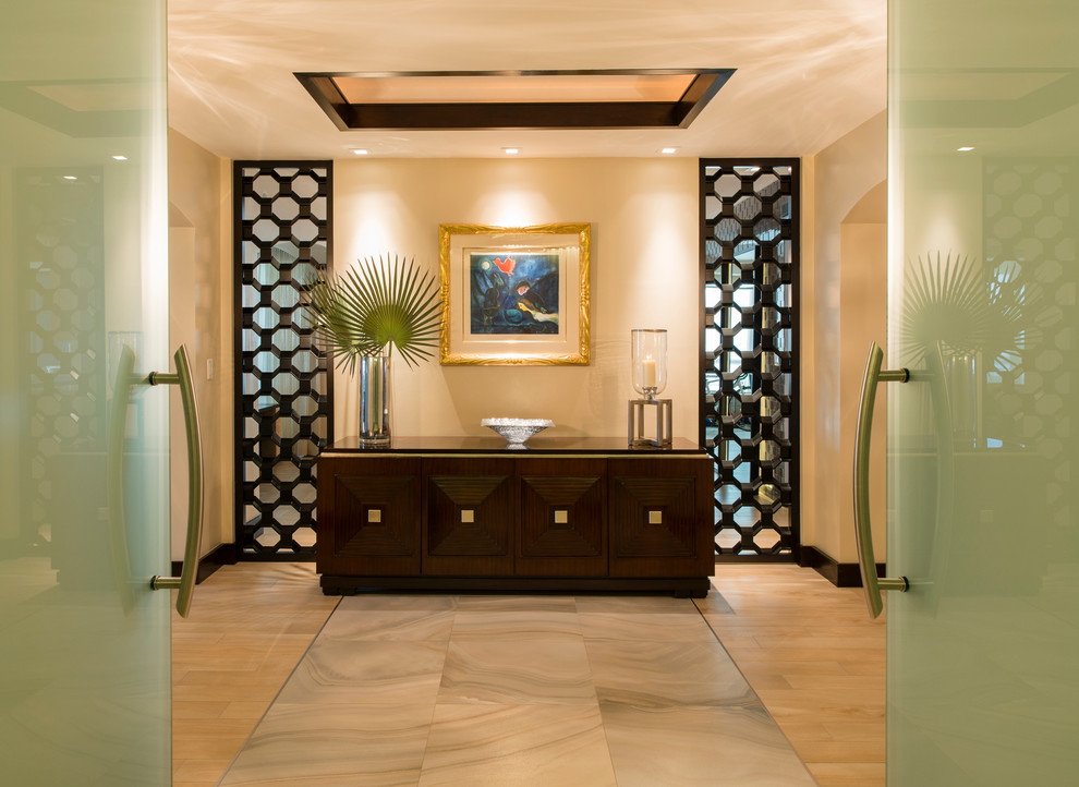 Large trendy porcelain tile entryway photo in Miami with metallic walls