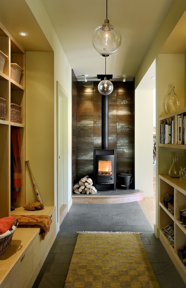 Mudroom - contemporary mudroom idea in Burlington with beige walls