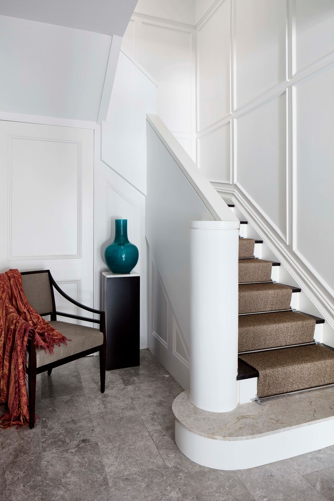 Design ideas for a medium sized contemporary foyer in Sydney with white walls, marble flooring, a double front door, a black front door and grey floors.