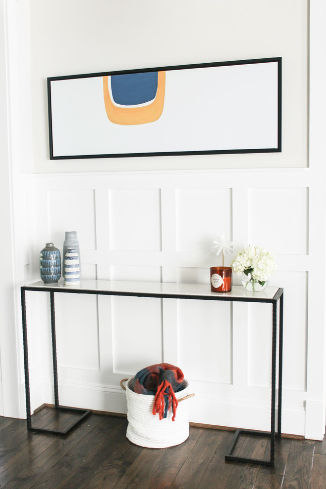 Mid-sized country dark wood floor and brown floor entryway photo in DC Metro with gray walls and a white front door