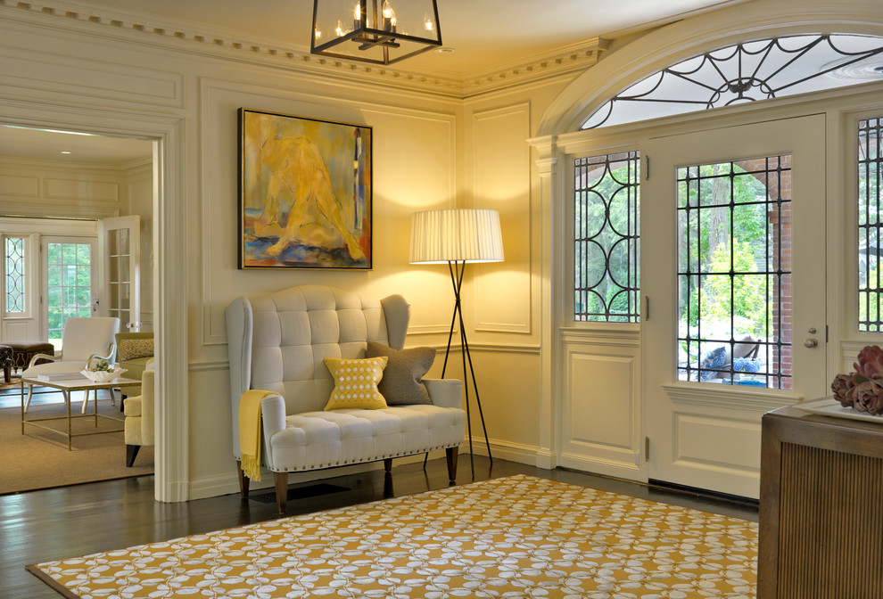 Single front door - transitional single front door idea in Boston with white walls and a white front door