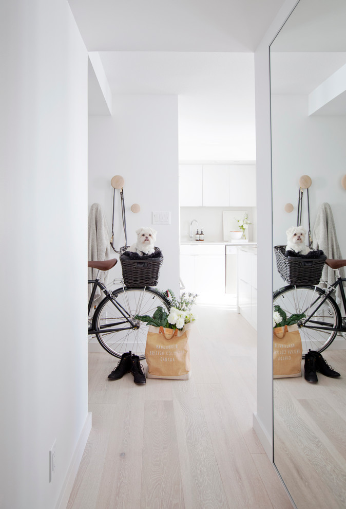 Inspiration for a small scandinavian foyer in Vancouver with white walls, light hardwood flooring, a single front door and a black front door.