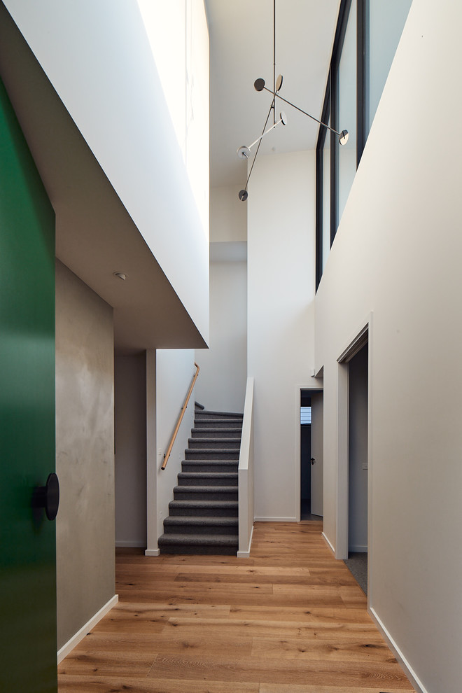Cette image montre un hall d'entrée design de taille moyenne avec un mur gris, parquet clair, une porte pivot et une porte verte.