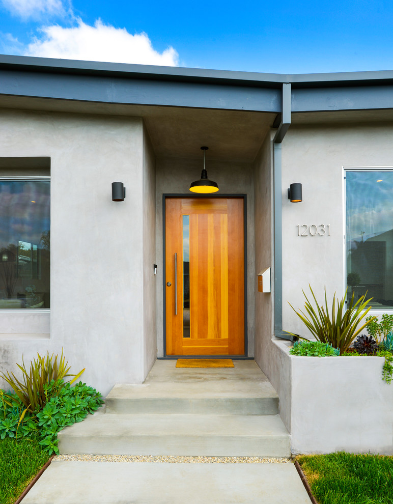 На фото: маленькая входная дверь в современном стиле с серыми стенами, бетонным полом, одностворчатой входной дверью и входной дверью из дерева среднего тона для на участке и в саду