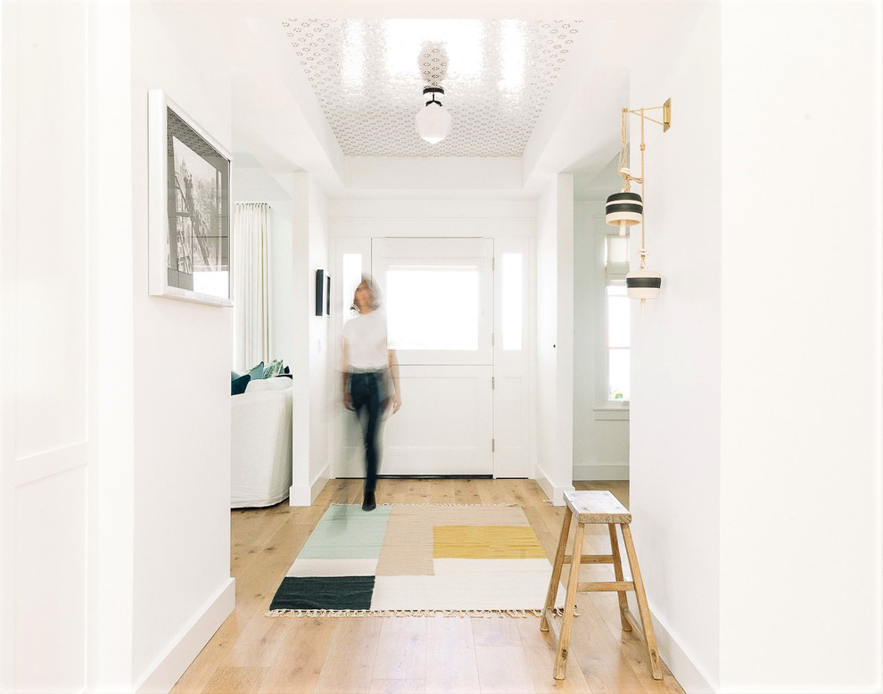 Photo of a contemporary hallway in Orange County with white walls, light hardwood flooring, a stable front door, a white front door and brown floors.