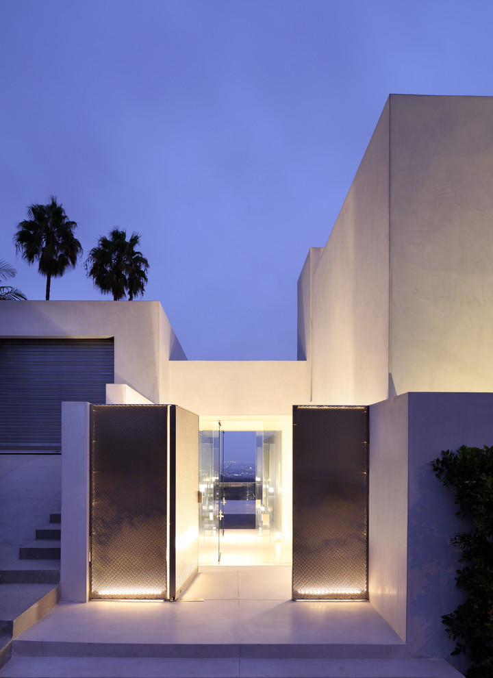 Cette image montre une très grande entrée design avec un mur blanc, sol en béton ciré, une porte pivot et une porte en verre.