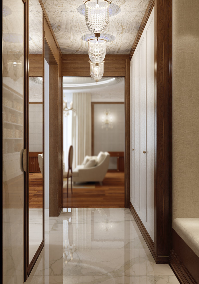 Medium sized contemporary hallway in Sacramento with brown walls and marble flooring.