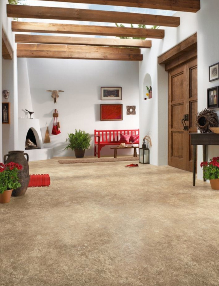 This is an example of a large foyer in San Francisco with white walls, vinyl flooring, a double front door and a medium wood front door.