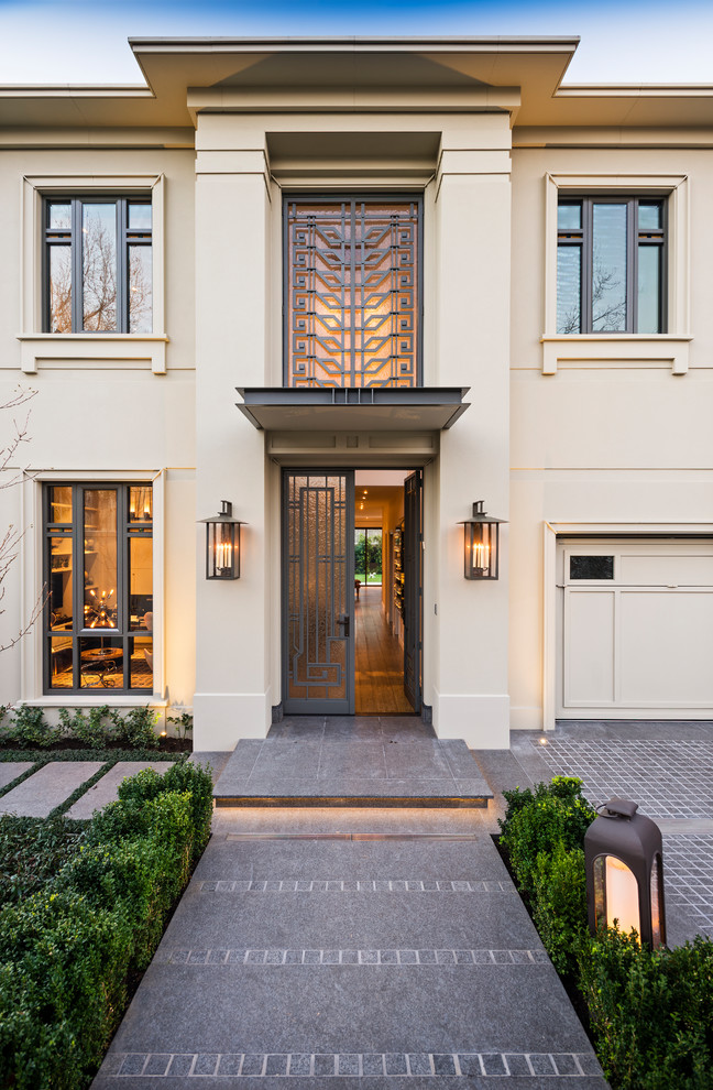 Design ideas for a large front door in Melbourne with a double front door.