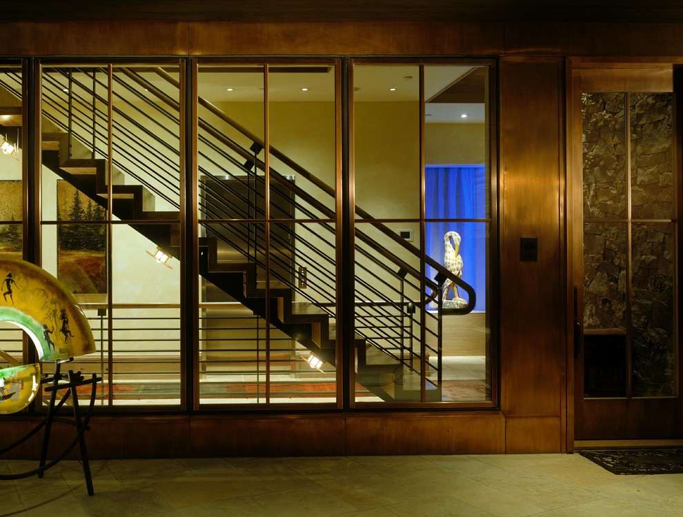 На фото: большая входная дверь в современном стиле с одностворчатой входной дверью и металлической входной дверью с