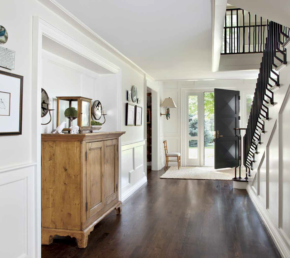 Large classic foyer in Denver with white walls, dark hardwood flooring, a single front door and a black front door.