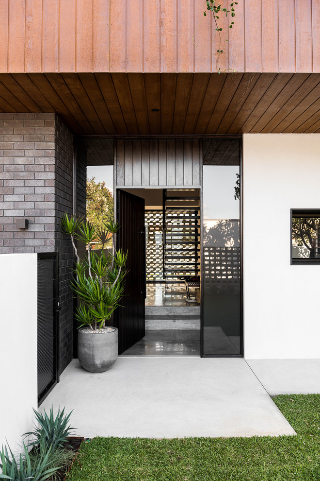 На фото: входная дверь среднего размера в современном стиле с белыми стенами, бетонным полом, одностворчатой входной дверью, черной входной дверью и серым полом с